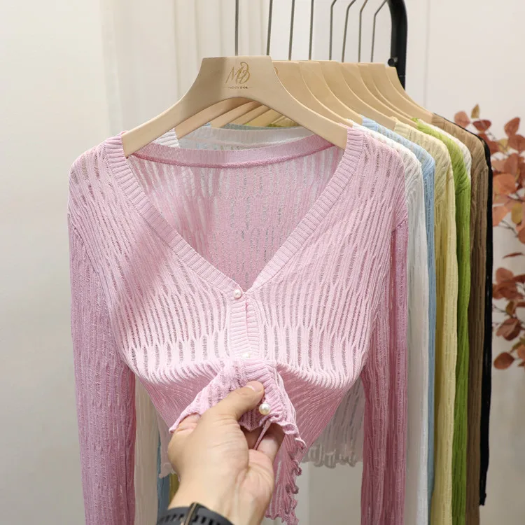 Женский трикотажный кардиган с V-образным вырезом и ледяным шелком