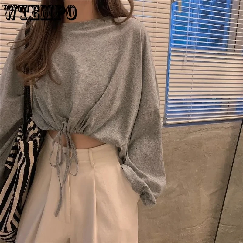 

WTEMPO Spring Fall Korean Loose High Waist Short Long Sleeve Solid Color Shirts Women Fashion New O-Neck Casual Cropped Tops