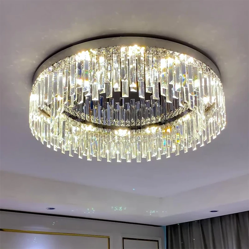 

E14 Led Modern Crystal Bright Round Ceiling Lamp Chrome Stainless Steel Light Fixture For Foyer Bedroom Living Room Luminaire