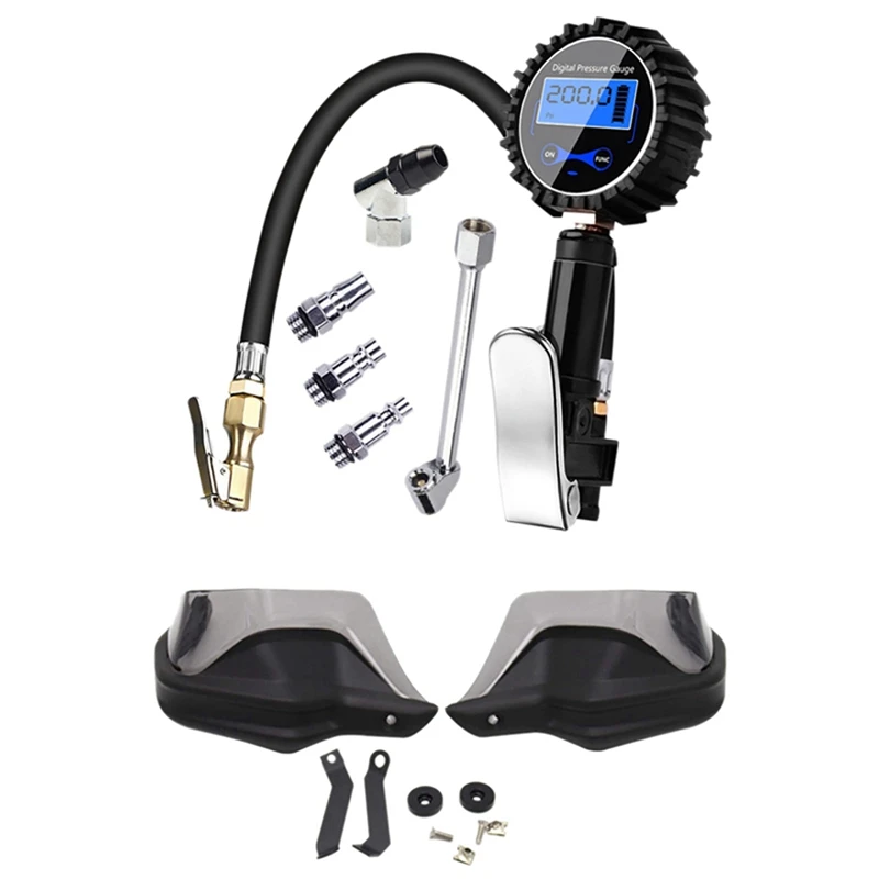

1 Set LCD Tire Pressure Gauge 200PSI Digital Tire Inflator Meter With LED Light & 1 Set Motorcycle Windshield Hand Guard