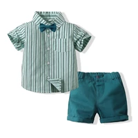 summer kids suits boy plaid shirt sleeve shirt casual shorts set and bow tie for 1 8 year old boy kids boutique clothing