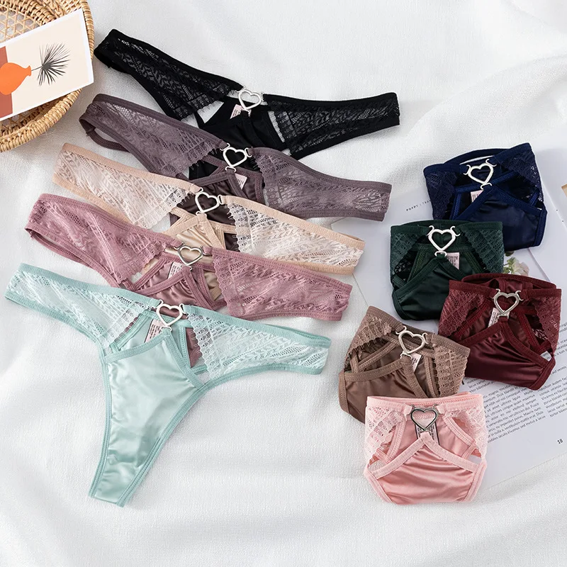 

Free Size Low Rise Hollow Out Satin Panties Tangas Soft Seamless Thongs Sexy G-String Underpants Heart Lingerie Culotte Femme