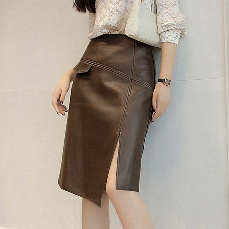 

New Women's PU Leather Skirt Fashion Office Ladies Irregualer High Waist Slim Midi Knee Length Women's Skirts Female X105