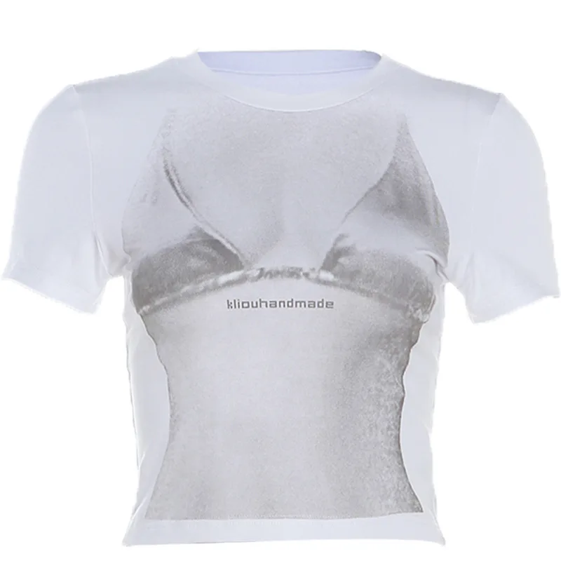 

Women T Shirts 2023 New Fashion Round Neck Printed Short Sleeve Slim Fit Open Umbilical Tops Tees T-shirt