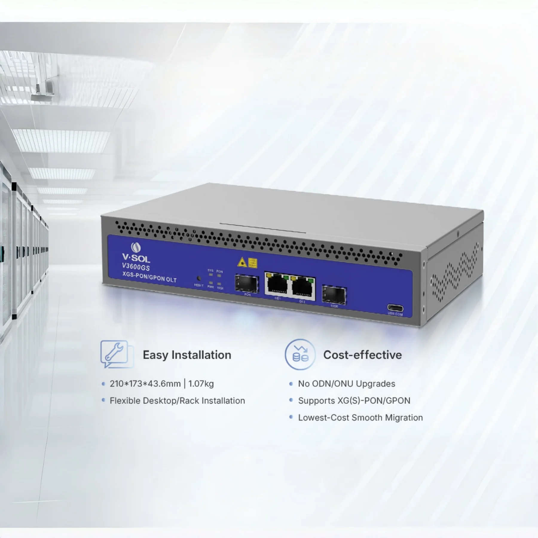 Фото V·SOL V3600GS Компактный однопортовый комбо-OLT для PON (XG(S)-PON и GPON) V3600GS |   1*XG(S)-PON / GPON 2*GE(RJ45) + 1*10GE(SFP+) Uplink №4