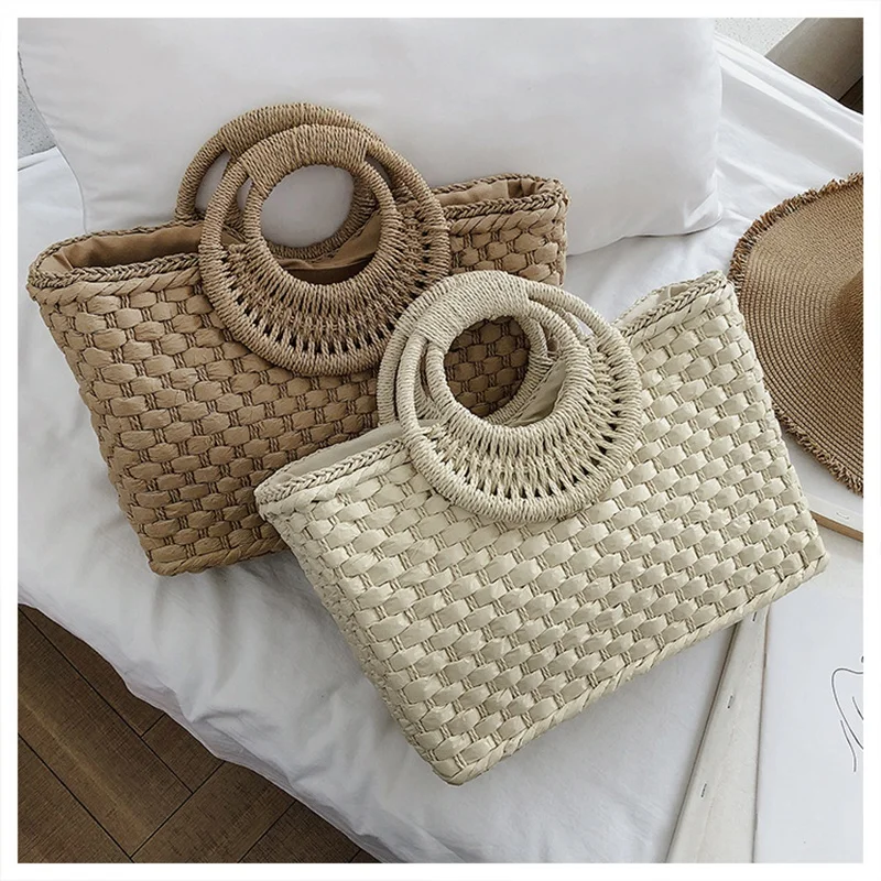 

Women Summer Weave Beach Bag Woven Bucket Bag Casual Handbags Popular Handmade Braided Basket Straw Clutch