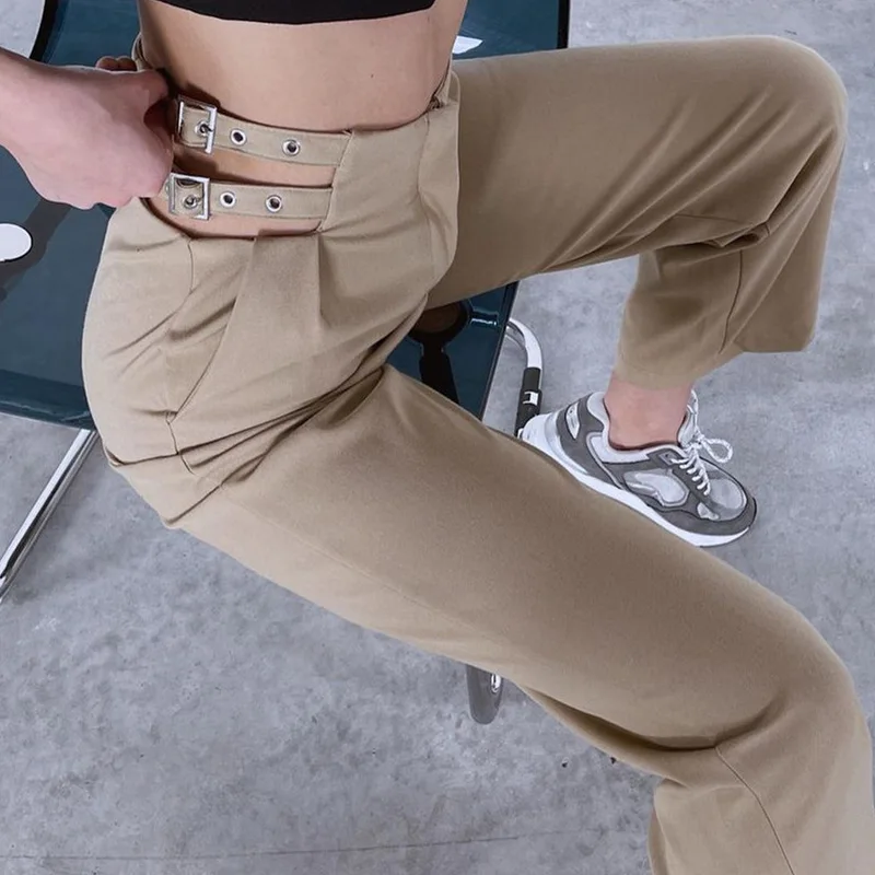 

Fashion Casual Women's Straight Solid Color Waist Hollow Decoration Casual Wide Leg Pants High Waist Gothic Pants Women Clothing