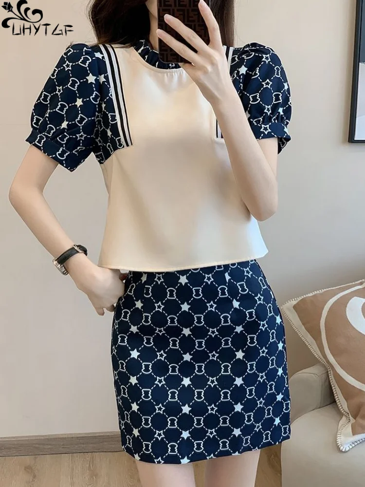 

UHYTGF Skirt Sets For Women's Summer New Print Splicing Bubble Sleeve Short Top + Wrap Hip Skirt Sweet Girl Ladies Two-Piece Set