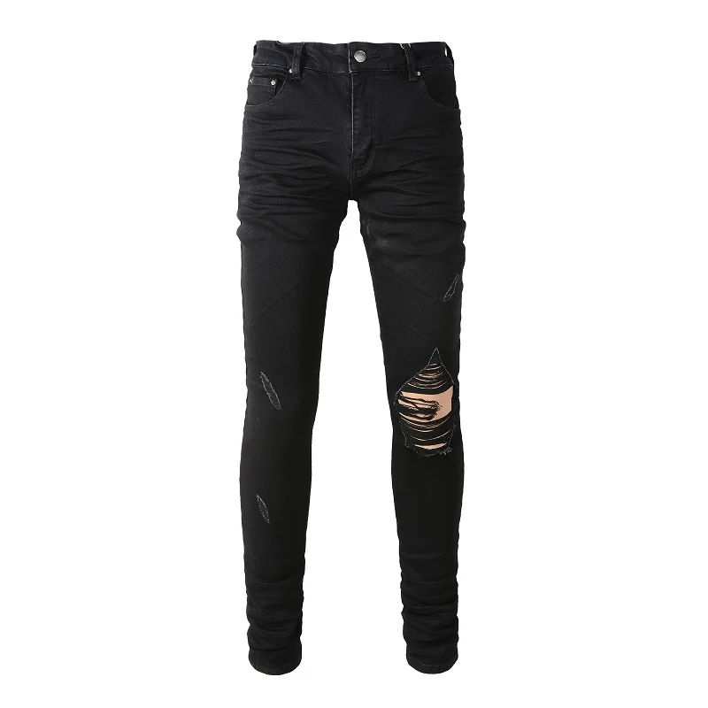 

New Arrivals Men's Distressed Slim Fit Steetwear Style Skinny Stretch High Street Black Damaged Holes Ripped Jeans