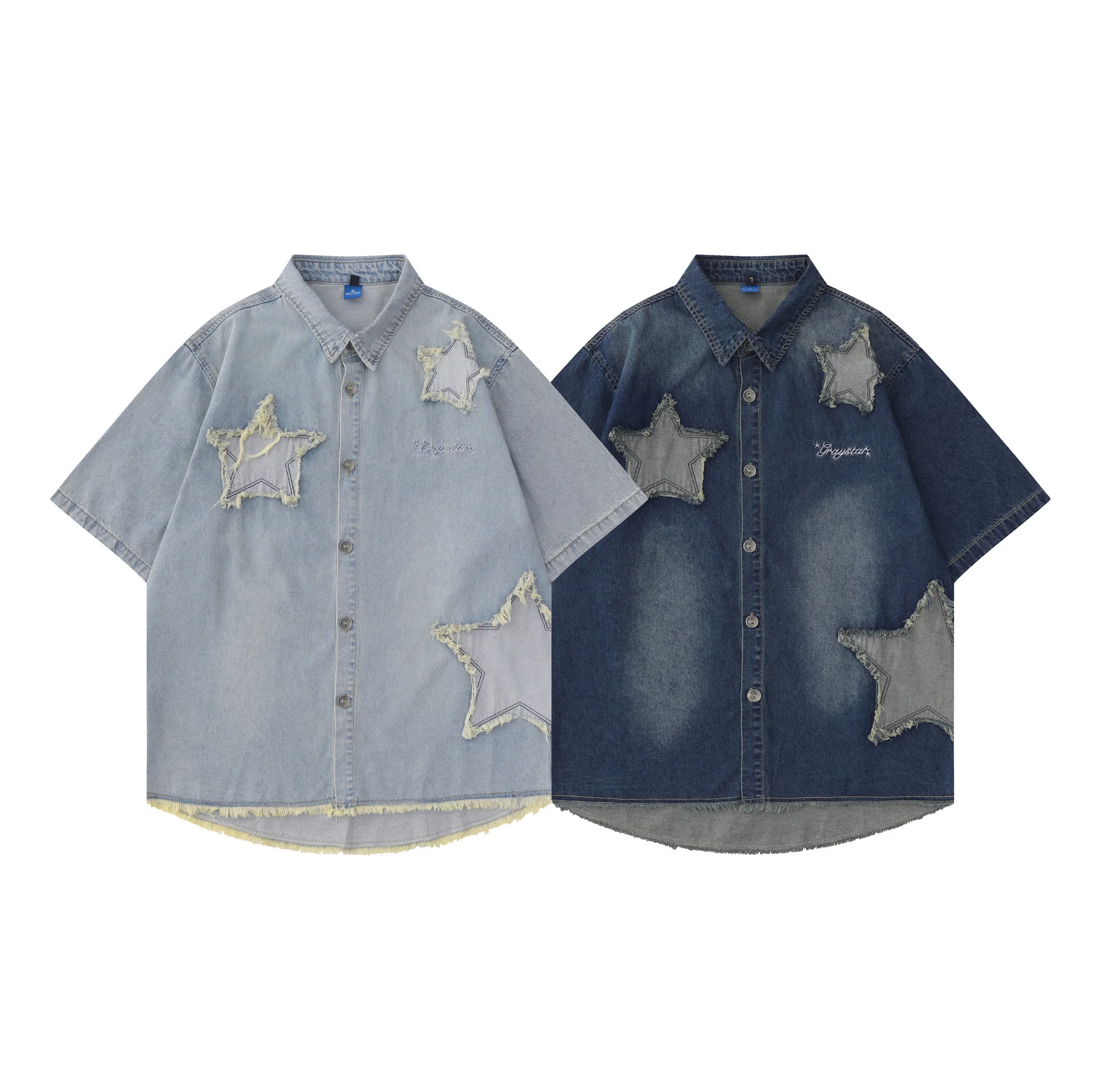 

Vintage Style Distressed Denim Shirt Short-sleeve With Star Patch Appliques And Frayed Edges Blue Button Down Jean Shirts Summer