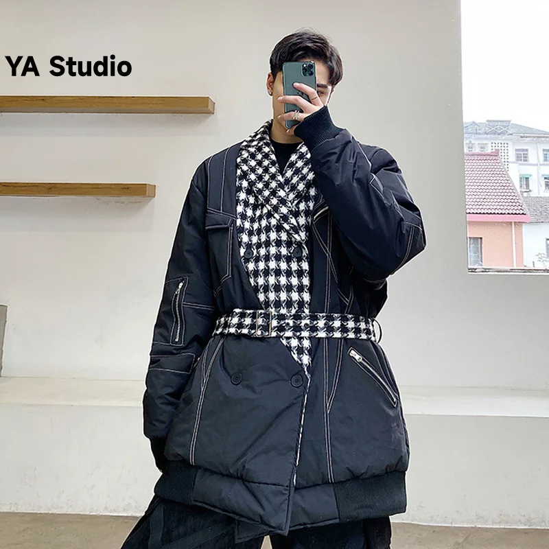 

[YA Studio] 2023 Winter Design Sense Lattice Splicing Personality Stitching Zipper Niche Trend Padded Coat Thickened Coat Men