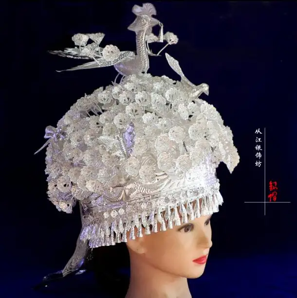 

Chinese Hmong Hat Women Festival Performance Cap Silver Colour Miao Traditional Metal Stage Headwear