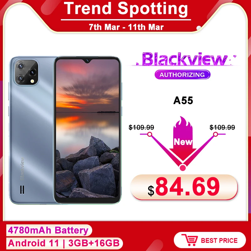 

Blackview A55 6.528'' HD+ Display Smartphone 3GB+16GB Quad Core Android 11 4780mAh Battery 8MP Rear Camera 4G Mobile