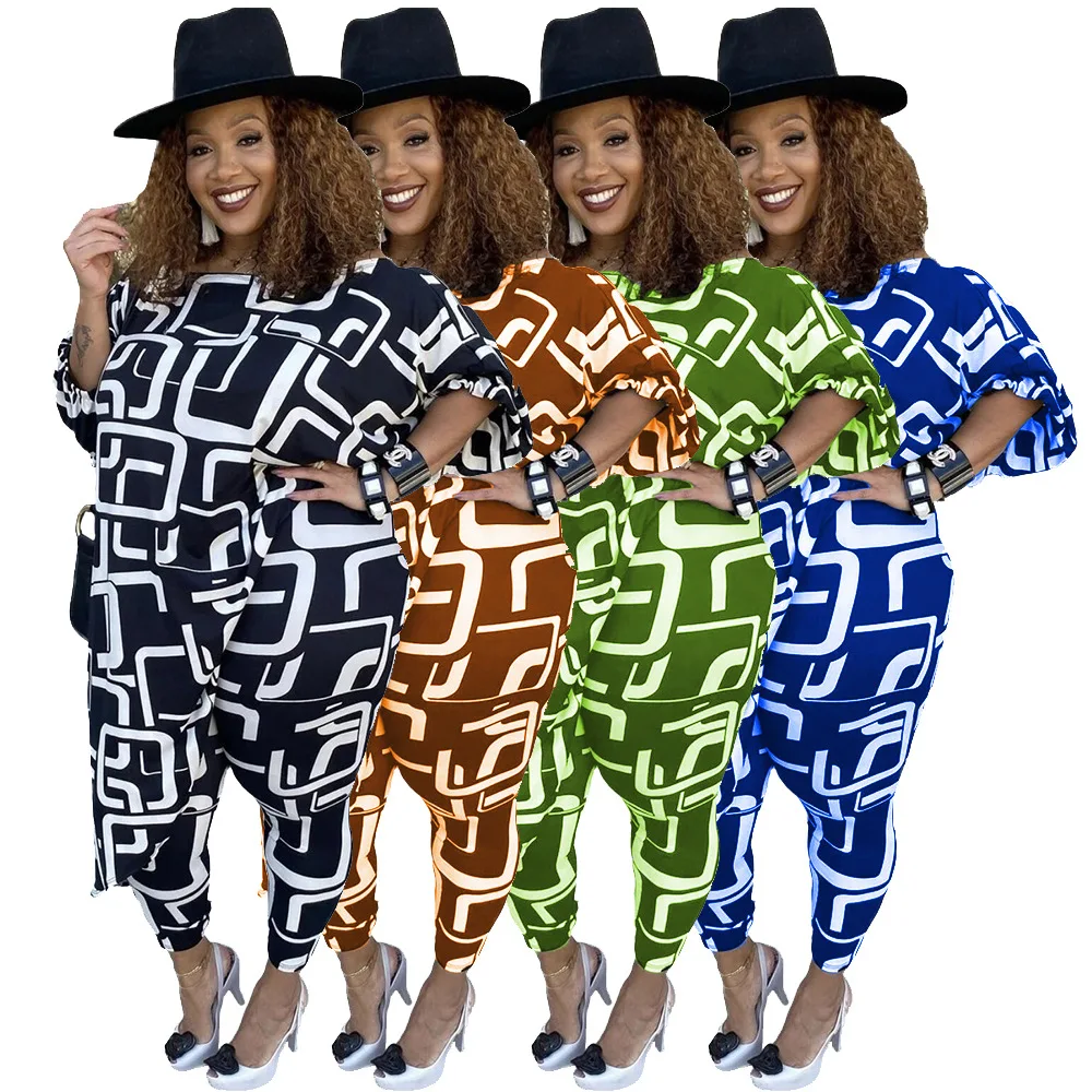 

Fashion Printed Tracksuit Women O Neck Long Top and Skinny Pants Leggings 2 Pieces Autumn Outfit Suits L-5XL
