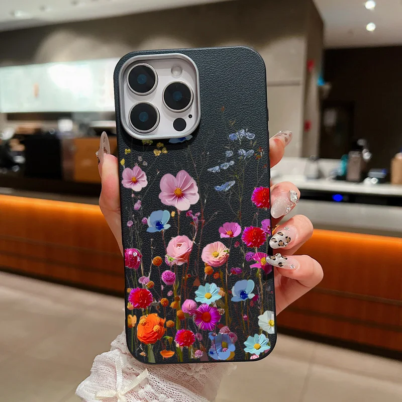 Сплошной цвет Ретро Цветы ТПУ Кожаный чехол для телефона iPhone 16 15 14 Pro Max Plus 11 13 12