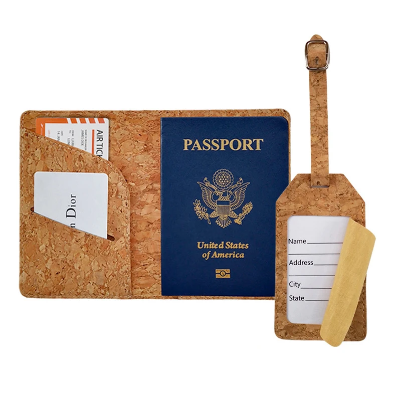 

1/2PCS Cork Passport Holder And Luggage Tag Set Luggage Tag Suitcase Identifier Label Passport Holder Luggage Tag Travel Wallet