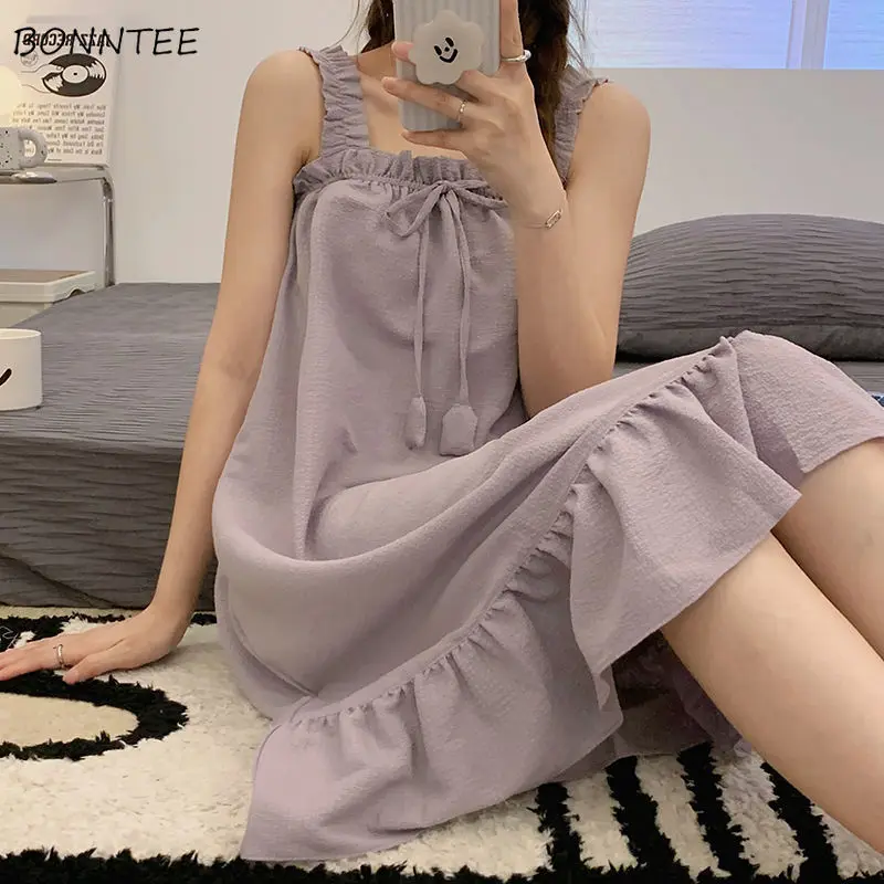

Nightgowns Women Summer Ins Chic Knee-length Fashion Solid Ladies Sleeveless Daily Simple Ulzzang Nightwear Cozy Basic Lounge
