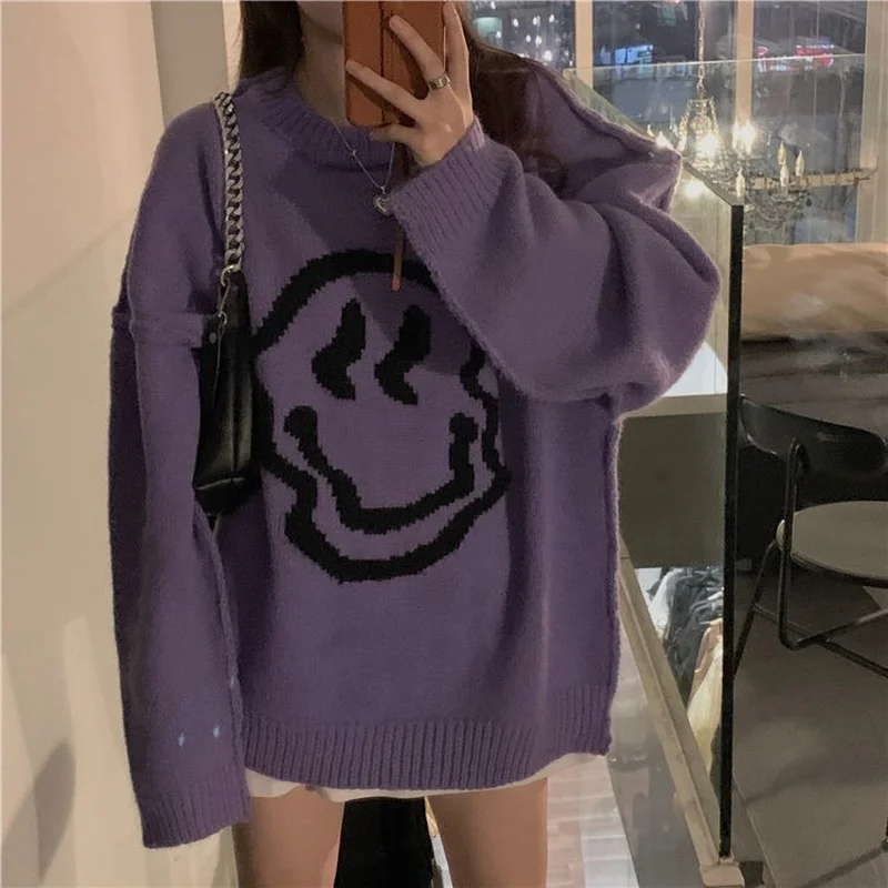 

Женский зимний свитер Deeptown, одежда, милая вязаная кофта со смайликом, милый топ с графическим рисунком и длинным рукавом, корейская модная о...