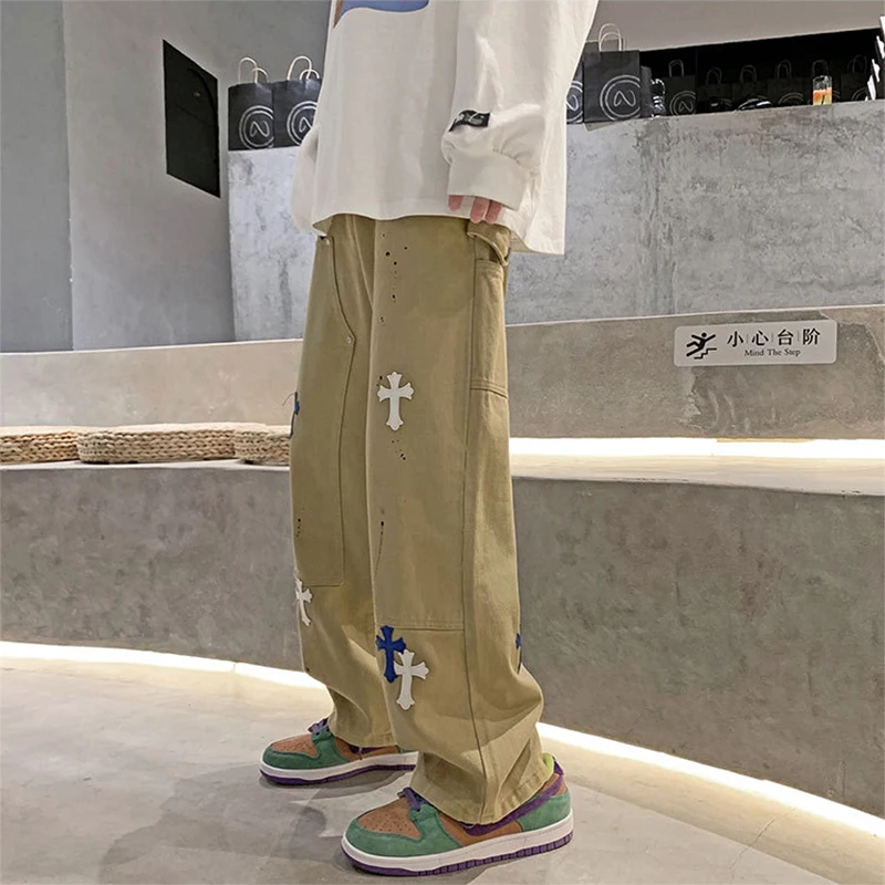 Four Seasons Jeans Straight Loose Casual Pants Blue and White Cross Patches Men's and Women's Same Style Streetwear Ins Hot Sale
