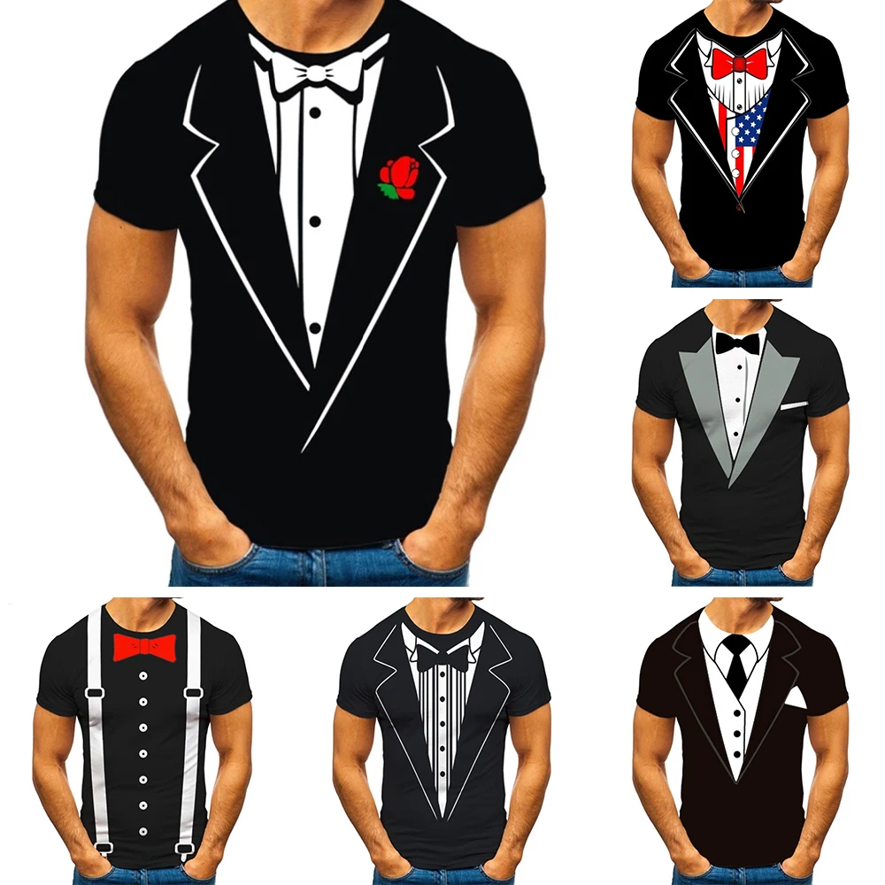 

2023 Summer 3D Printed Fake Suit T-shirt Tuxedo Retro Tie Suit Pattern Fashion Trend Funny T Shirt Men Personalized Casual Shirt