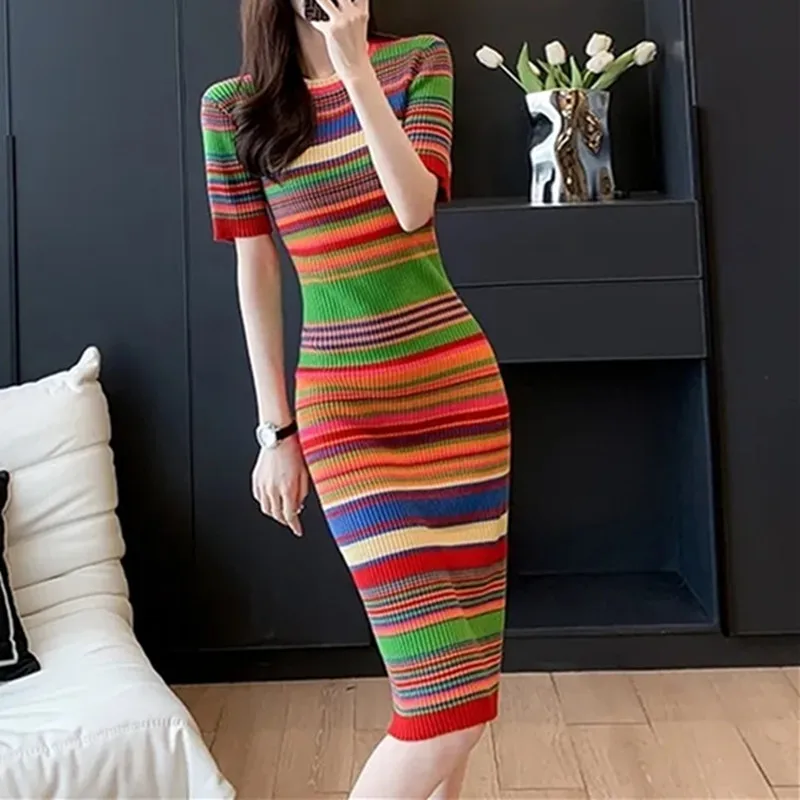 

Dresses Women's Elegant Summer Knitting Colorful Stripped Bodycon Graceful Work Office Ladies Base Party Dresses Vestidos NS663