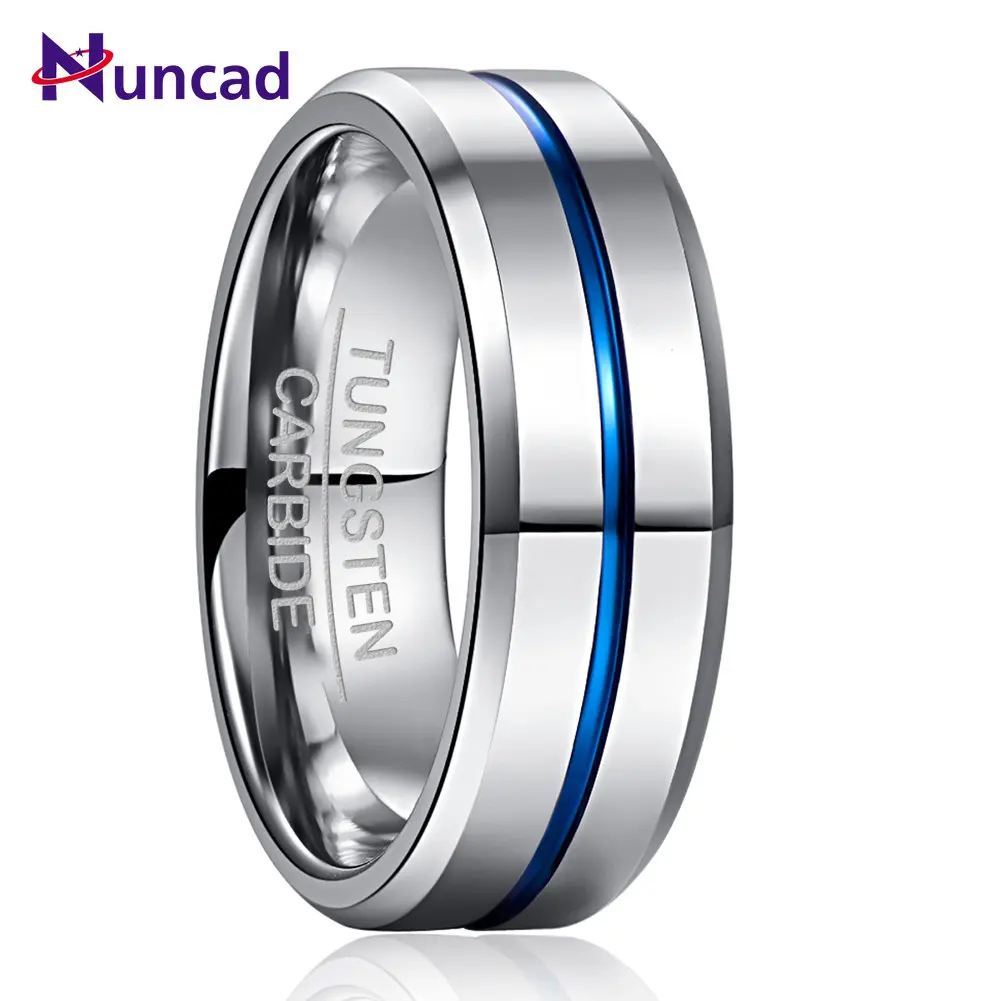 

NUNCAD 8MM Width Tungsten Carbide Ring 2.3MM Thick Steel Color Full Polished Blue Groove with Angled Tungsten Steel Men's Ring