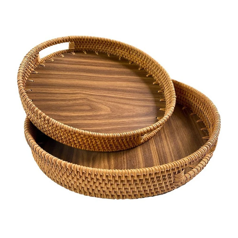 

2 Pcs Woven Trays With Handles,Wicker Service Baskets,Round Rattan Trays,For Bread,Fruits,Vegetables,Snacks,Dressing,Etc