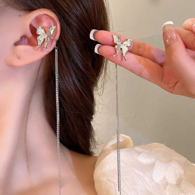 

Роскошные Металлические серьги для женщин, аксессуары, длинная цепочка-бабочка с кисточкой, ювелирные изделия для ушей, женские клипсы, сер...