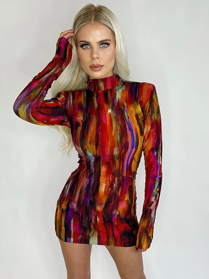 

Chicology Women Tie Dye Print Women Long Sleeve Mini Dress Shoulder Pad Bodycon Sexy Streetwear Party Clothes Y2K Outfits