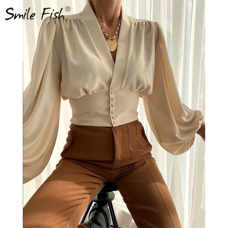 

Модные зимние блузки с длинным рукавом-фонариком, глубоким V-образным вырезом, женская блузка, женские рубашки на пуговицах с цветочным прин...