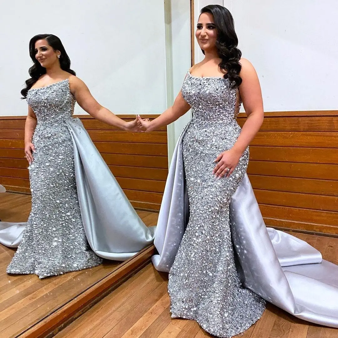 

Silver Mermaid Evening Dresses Elegant Women Sequins Prom Dress with Detachable Train Formal Party Wear vestido de novia
