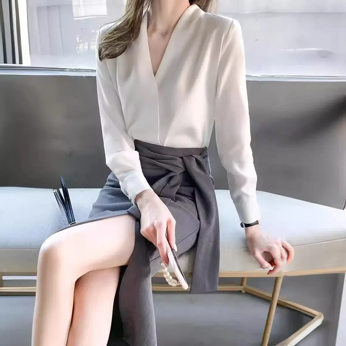 Элегантная шифоновая белая рубашка с v-образным вырезом женская рабочая одежда