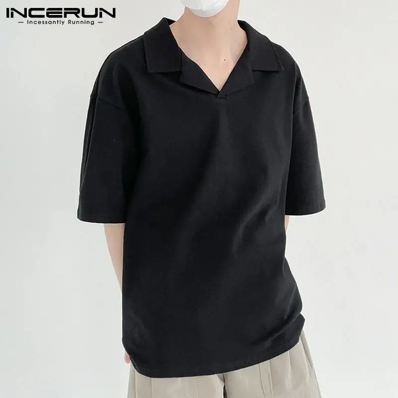 

INCERUN Fashion Men Casual T Shirt Solid Color Loose Lapel Short Sleeve Men Clothing Streetwear 2022 Leisure Camisetas S-5XL