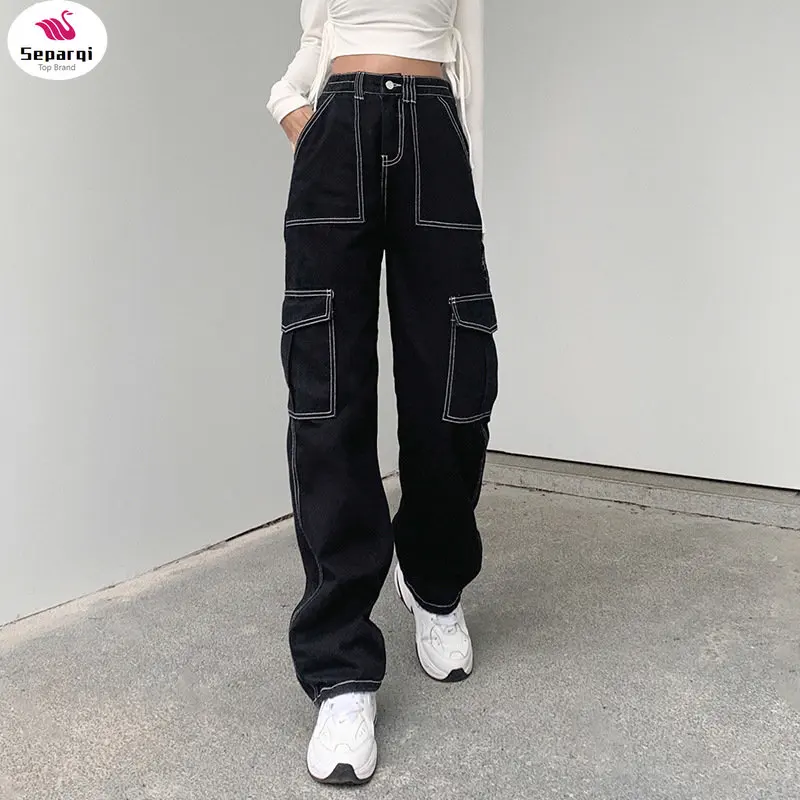 

SEPAQI Pockets Patchwork Baggy Jeans Fashion Streetwear 100% Cotton Women Denim Trouser Loose Cargo Pants Korean Jeans Harajuku