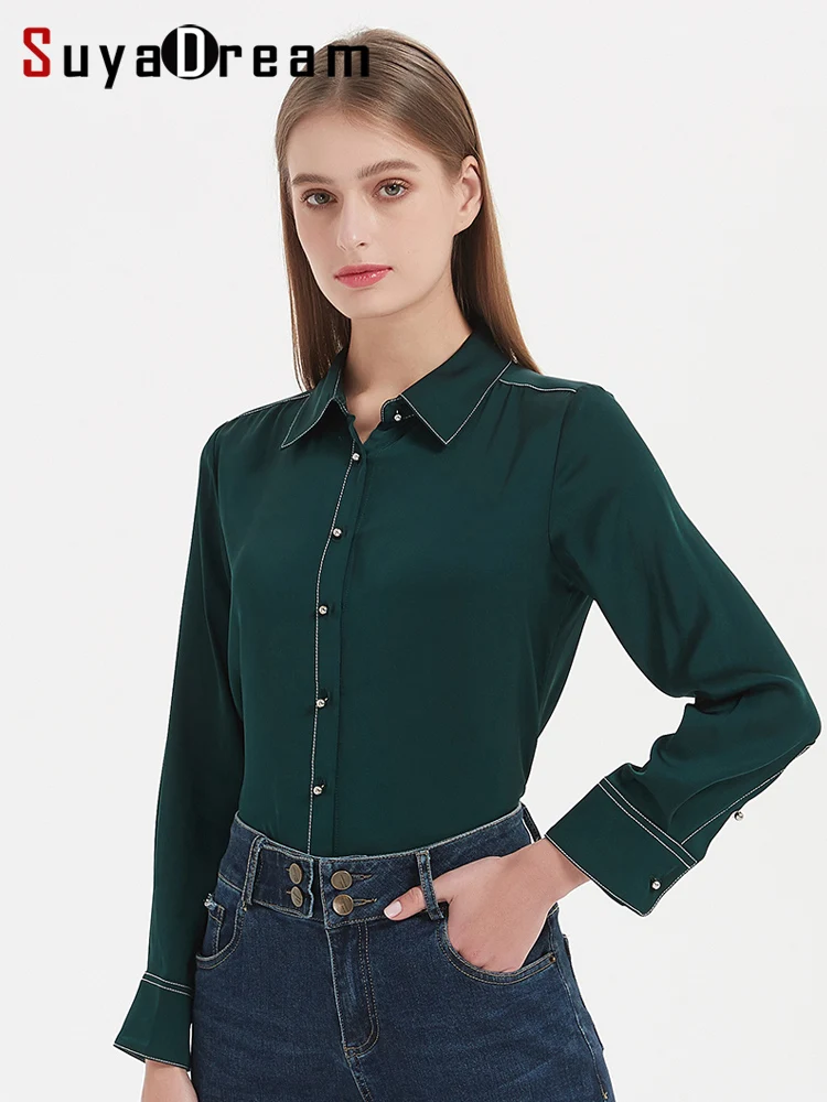 SuyaDream Women Silk Shirts 23MM Real Silk Solid Long Sleeved Bright Lines Chic Blouses 2022 Spring Elegant Top Green White