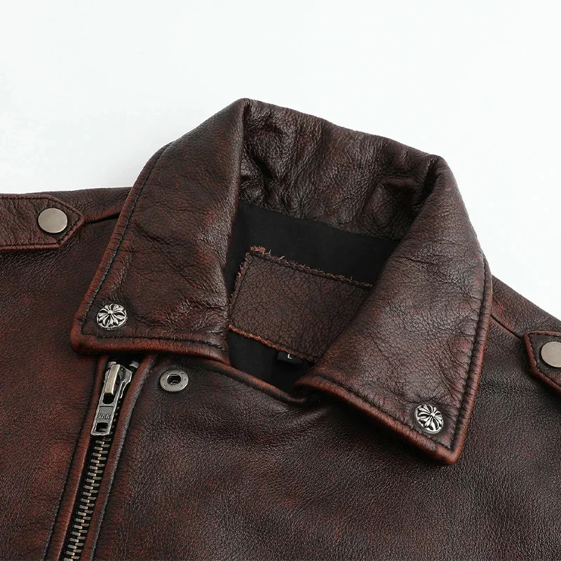 Мужская мотоциклетная куртка первого слоя из воловьей кожи с лацканами тонкая