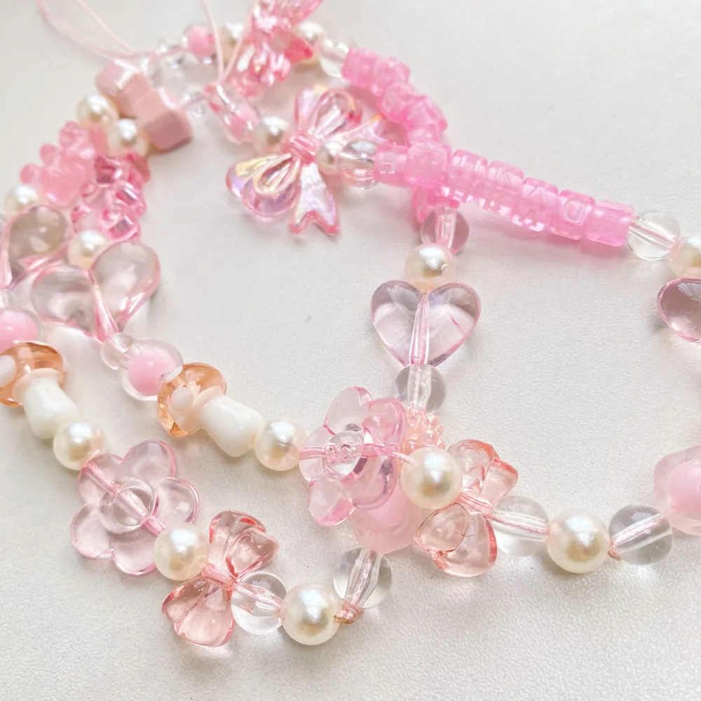 Fashion Popular Resin Pink Bow Beaded Practical Lanyard Delicate Bracelet Anti-Lost Mobile Phone Chain Ladies Jewelry Accessory