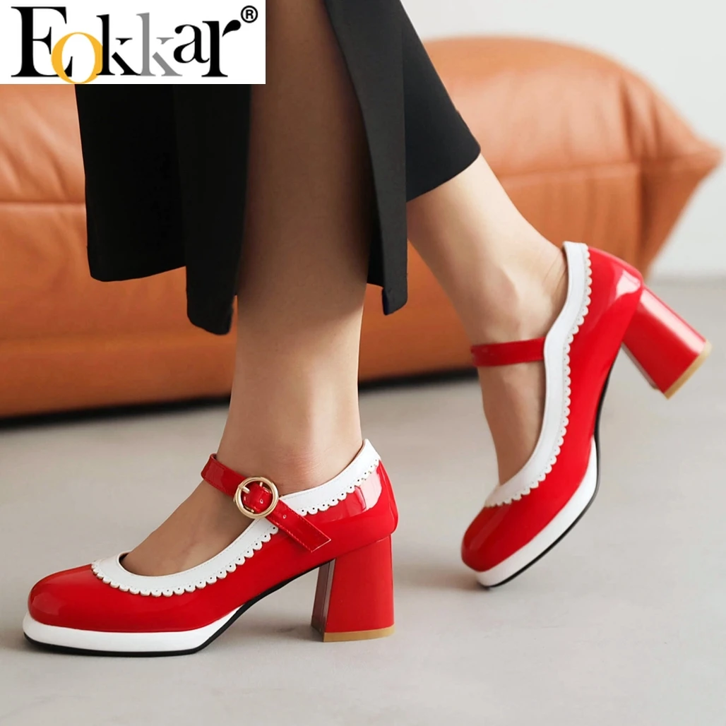 

Eokkar Patent Leather Mary Janes Lolita Shoes 2022 New Fashion Chunky Heel Wingtip Pumps Women Shoes Platform Party Pumps