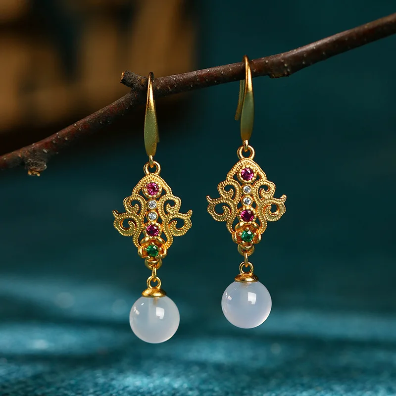 

Round Bead Earrings Gold Plated Inlaid Natural Jade Chalcedony Hollow Out Ancient Style Earrings Women's Accessories