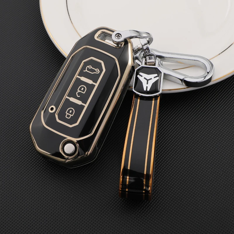 

Auto For Ford Fusion Fiesta Escort Mondeo Everest Ranger TPU Gold Edge Car Flip Key Cover Case Bag Holder Keychain Protector