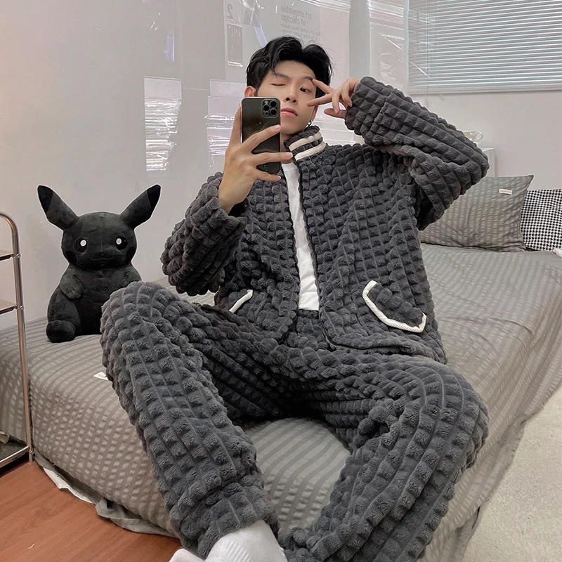 

QUHENG Winter Long Sleeve Thick Warm Flannel Pajama Sets for Men Coral Velvet Pocket Cartoon Sleepwear Suit Homewear Clothes