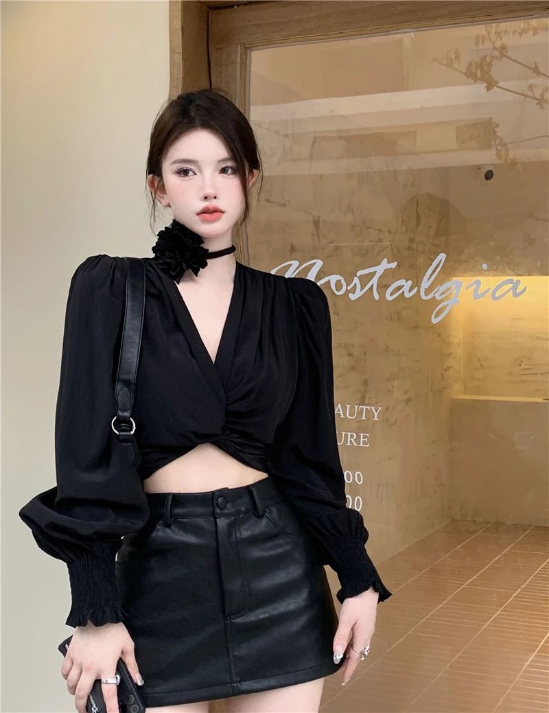 Французские рубашки Socialite Temperament со шнуровкой и v-образным вырезом женские