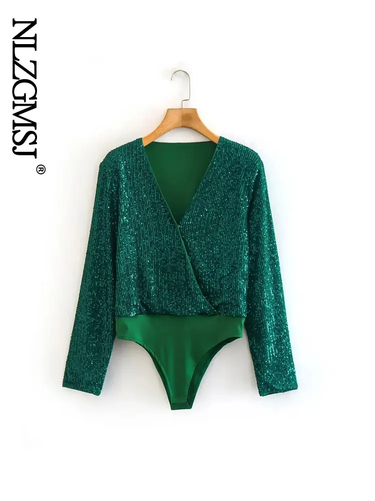 

Nlzgmsj 2023 Women Sexy V Neck Green Stamp Long Sleeve Bodysuits Jumpsuits Female Ladies Fashion Party Rompers Women 202308