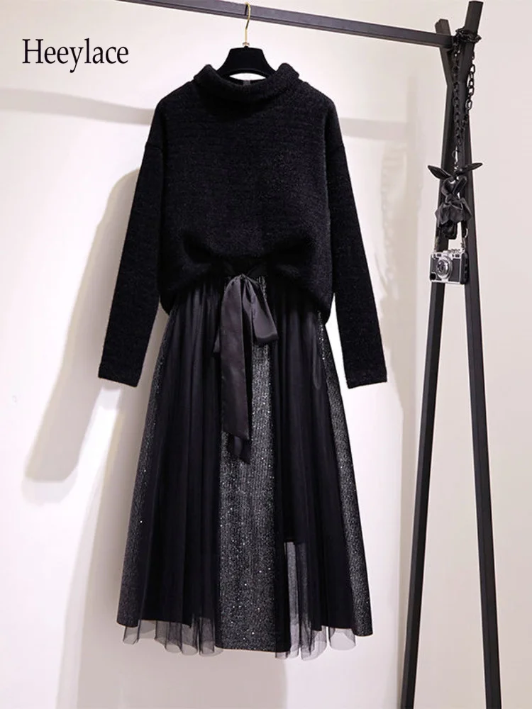 

Осенне-зимний женский комплект из двух предметов, повседневная трикотажная водолазка в Корейском стиле и сетчатая юбка в стиле пэчворк, женская одежда