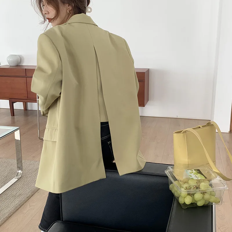 Chic Back Split Blazers Solid Colors Shoulder Pad Loose Suits Women Single Breasted Long Sleeve Blazer Office Lady Jacket Spring
