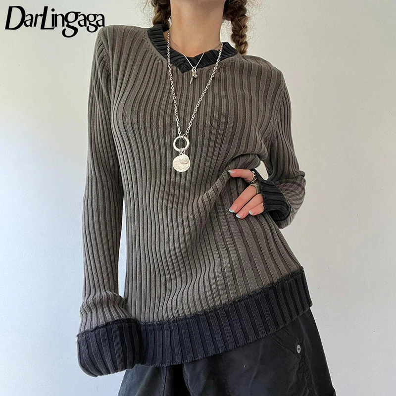 

Darlingaga Vintage Fashion Autumn Winter Women Sweaters Patched Y2K Knit Jumper Contrast Preppy Style Pulover Knitwears Outfits