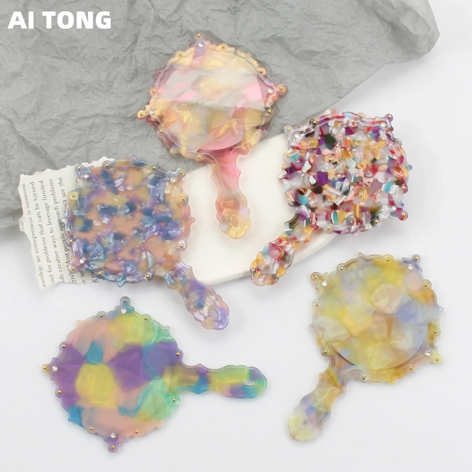 1 шт. портативное зеркало с ручкой и нежным ацетатным узором для макияжа