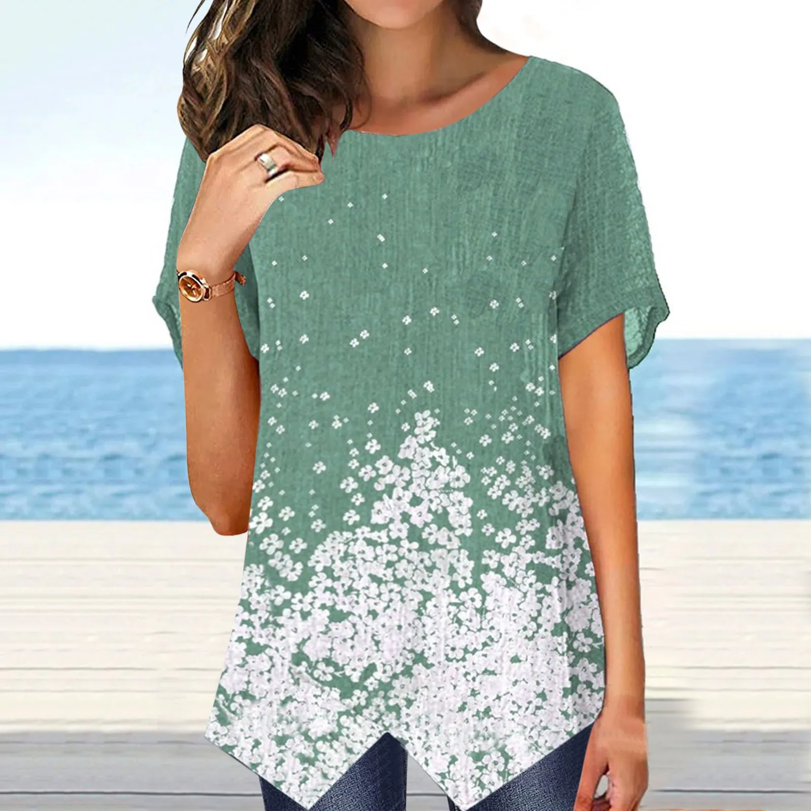 

Women T Shirt Short Sleeve Graphic Tees Crew Neck Asymmetrical Hem Slit Floral Printed Slim Linen Top Vintage Clothes Футболка 4