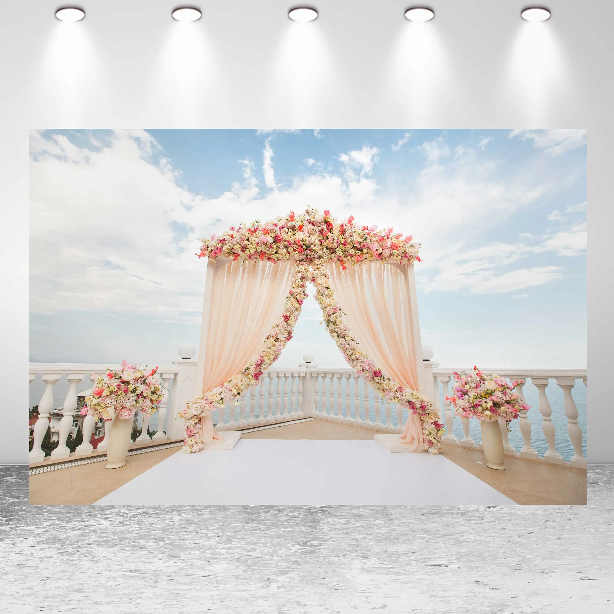 

SeekPro Wedding Backdrop Blue Sky White Cloud Sea Background Adults Stage Photo Studio Ceremony Flowers Banner Real Scene