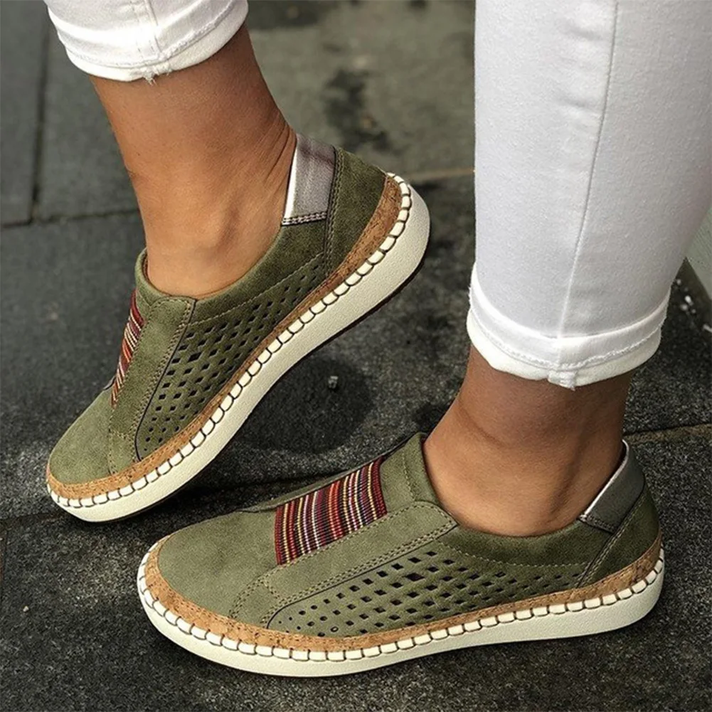 2022 New Women Slip on Sneakers Large Size Casual Single Shoes Flat Sneakers Breathable Hollow Out Casual Shoes Ladies